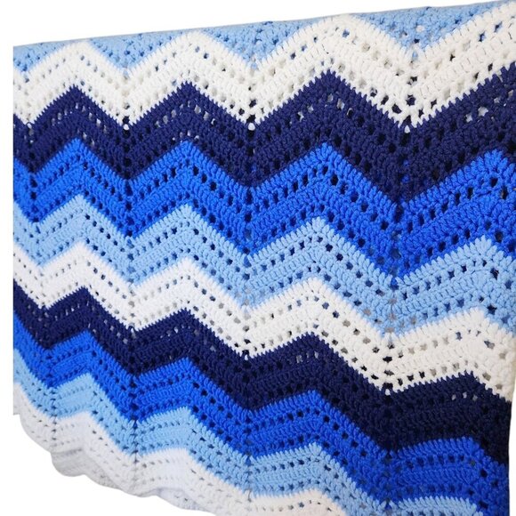 Vintage Crochet Afghan Blanket Handmade Canada Blue Chevron 72” Square Coastal - Picture 3 of 5